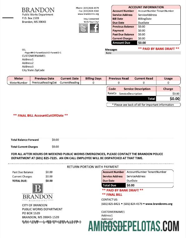 imprimível Modelo Word e PDF de projeto de lei de serviços públicos dos EUA BRANDON MISSISSIPPI